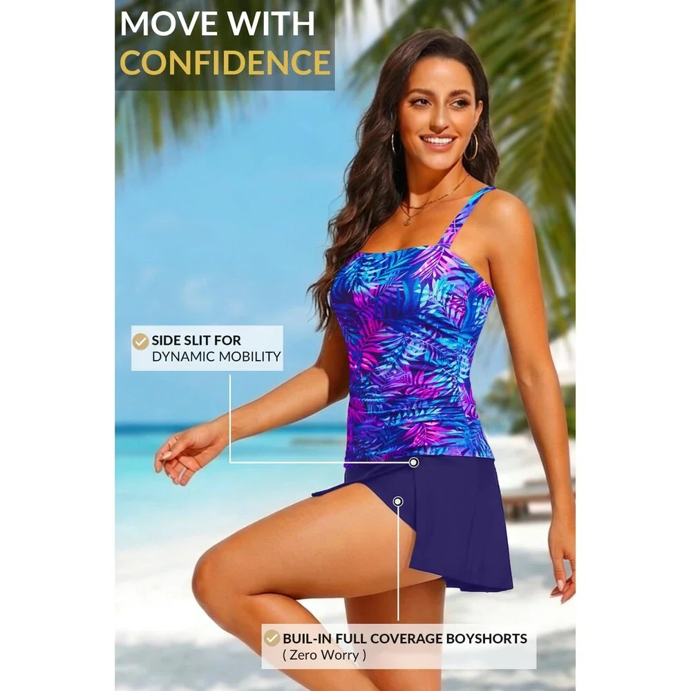 Talisea Women's Blue Purple Two Piece Tankini Bathing Suits Skirt Tummy XXL